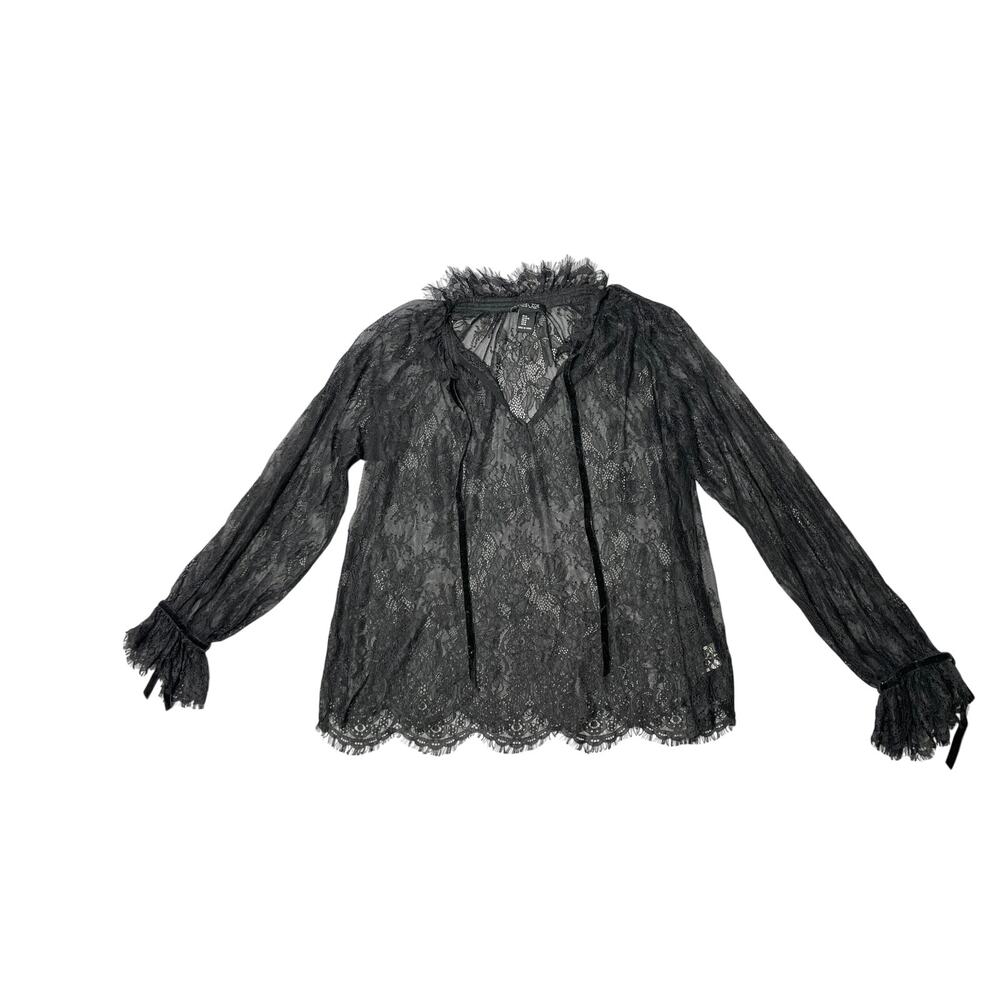 Rachel Zoe Black Floral Lace & Velvet Sleeve Shirt Medium Whimsigoth Dark Chic